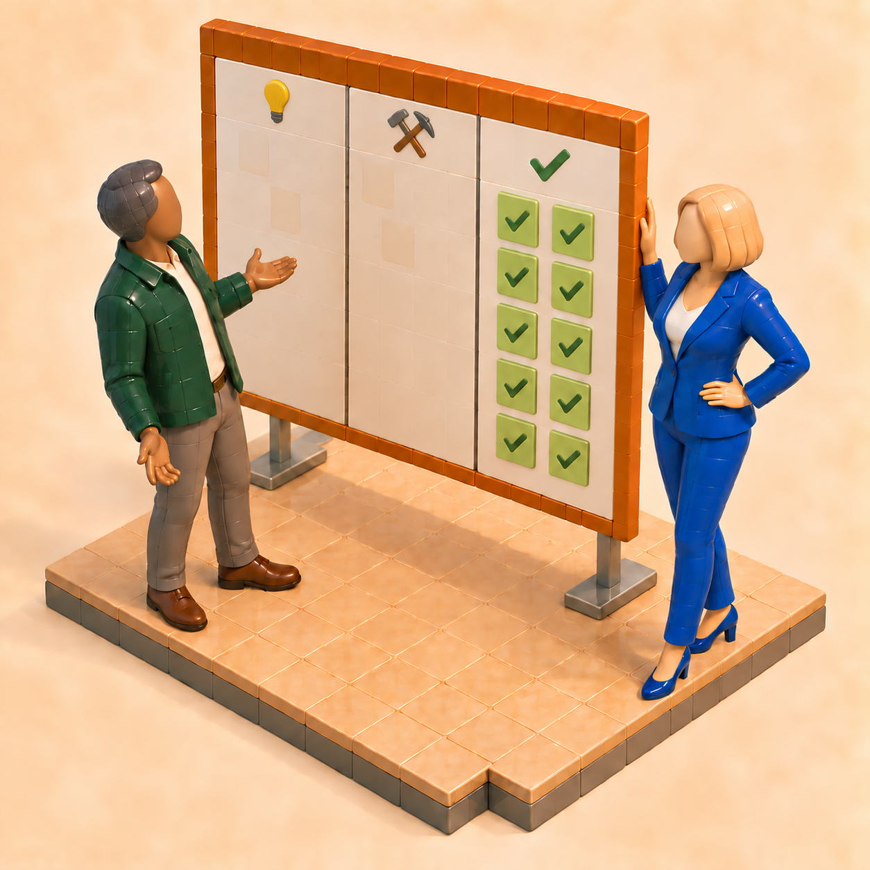 Zwei Personen vor einem Kanban-Board: Die Spalten für Ideen und laufende Arbeit sind leer, alle Karten stehen mit grünen Haken auf Erledigt.
